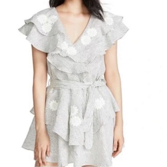 Elegant Ruffled Striped Mini Dress with Floral Details - Picture 2 of 9